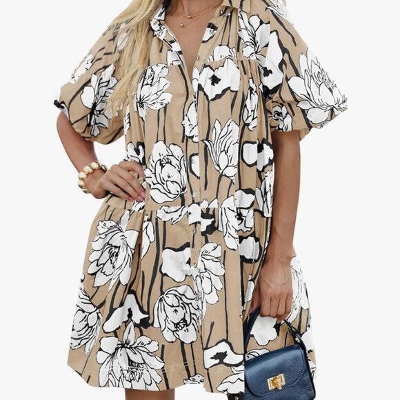 Amazon Wenrine Women's Button-Down Shirt Dress with Puff Sleeves Size M SO CUTE! - Picture 1 of 5